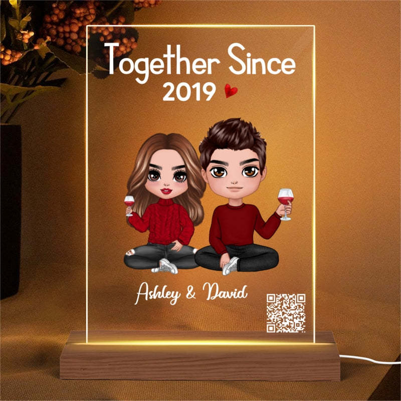 Doll Couple Sitting Scannable QR Code Gift For Him Gift For Her Personalized Rectangle Acrylic Plaque With LED Night Light