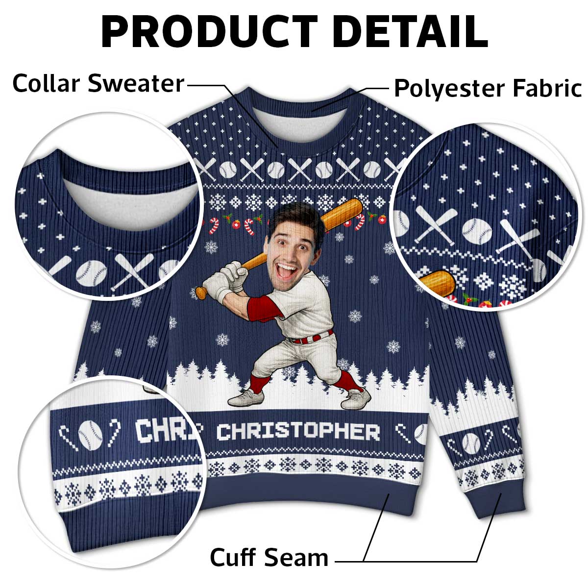 Baseball Player Custom Face Photo - Personalized Faux Knitting Ugly Sweater - Christmas Gift For Baseball Lover