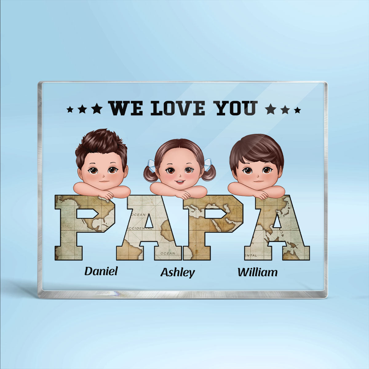 Grandpa Dad We Love You World Map Pattern Doll Kids On Hand Personalized Horizontal Rectangle Acrylic Block Plaque