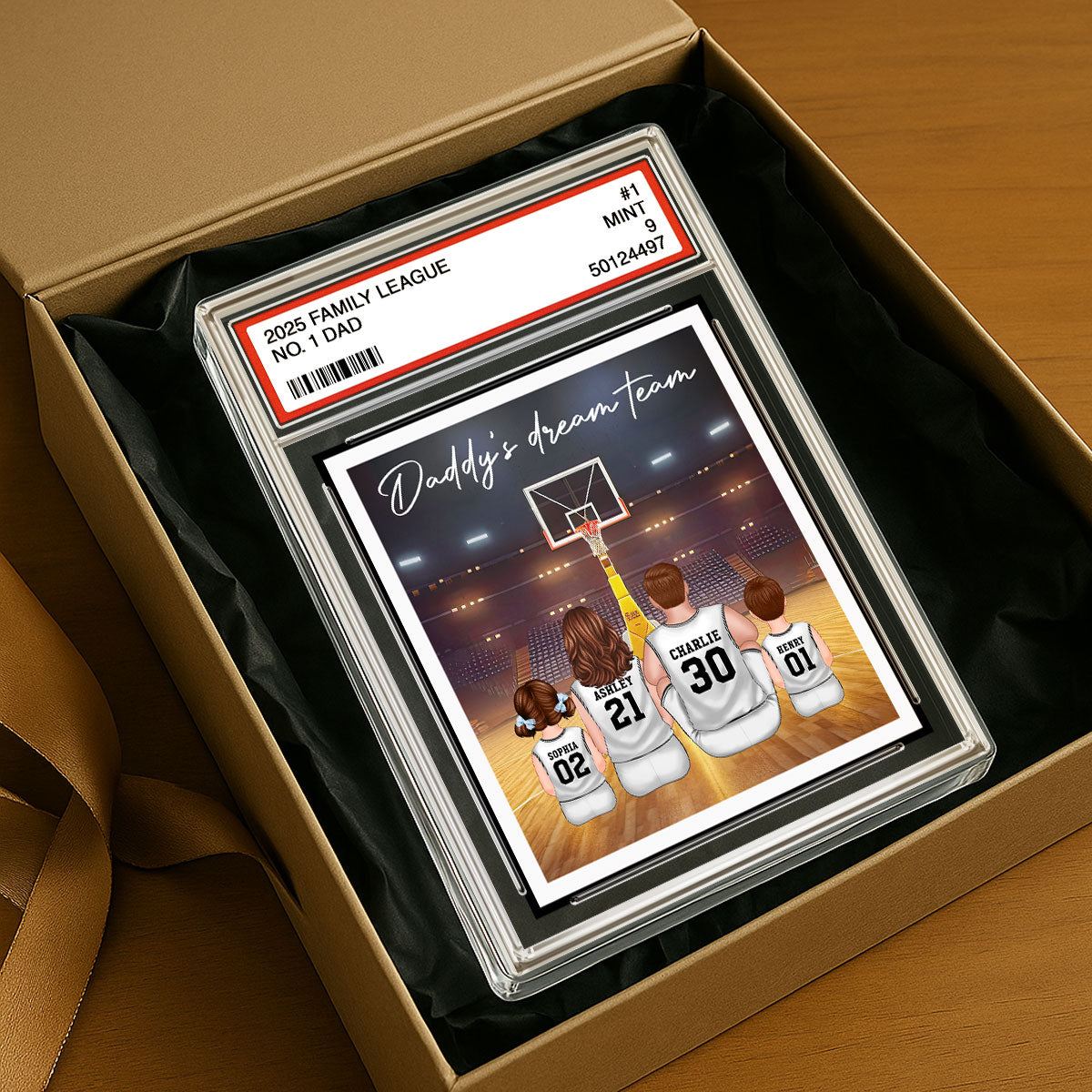 Basketball Daddy's Dream Team No. 1 Dad Man & Kids Sitting Trading Card Style - Personalized Acrylic Block Plaque