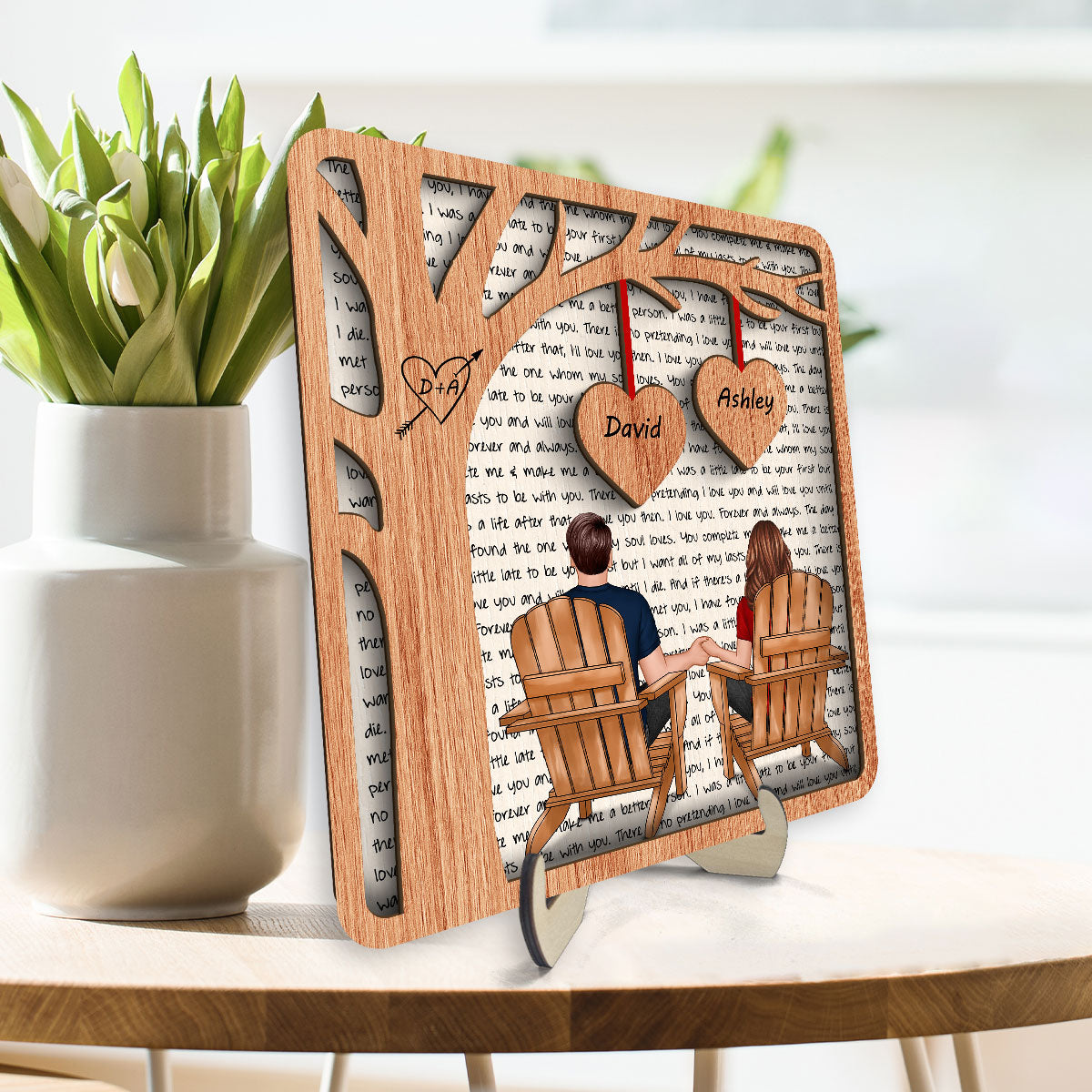 Couple Back View Sitting Under Tree Letters Background Personalized 2-Layer Wooden Plaque