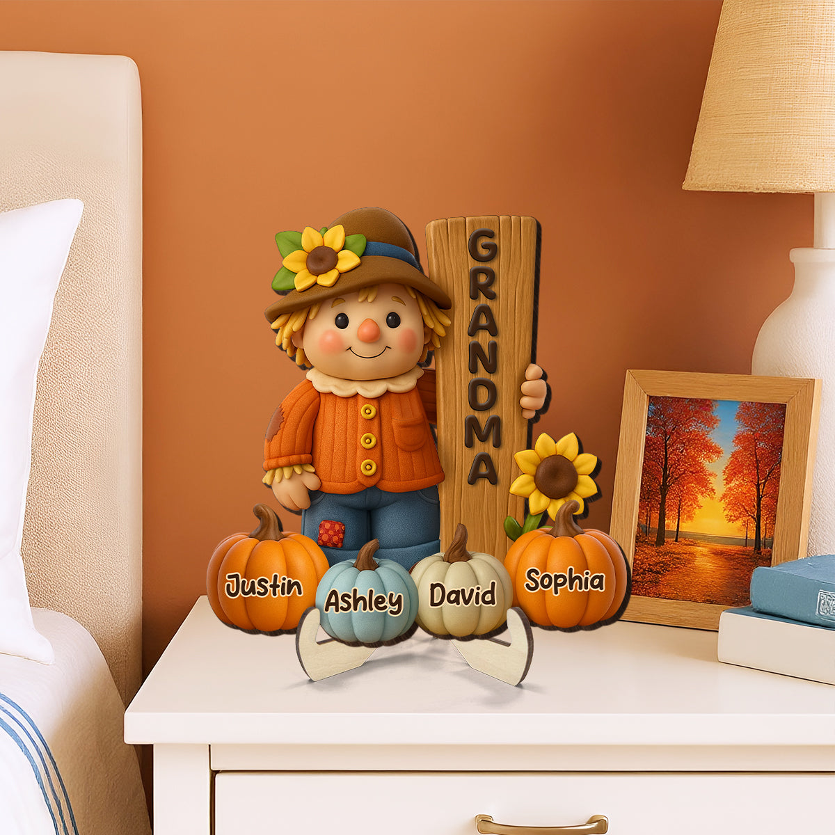 Grandma Scarecrow Standing Grandkids Pumpkins 3D Effect Personalized 2-Layer Wooden Plaque