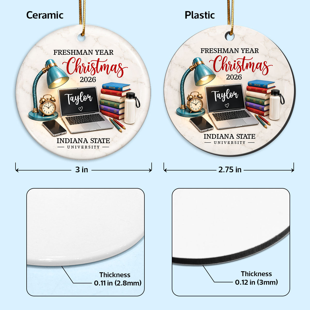 Freshman Year Christmas Study Desk – Personalized Ceramic Ornament – College Student Christmas Gift, First Year Keepsake