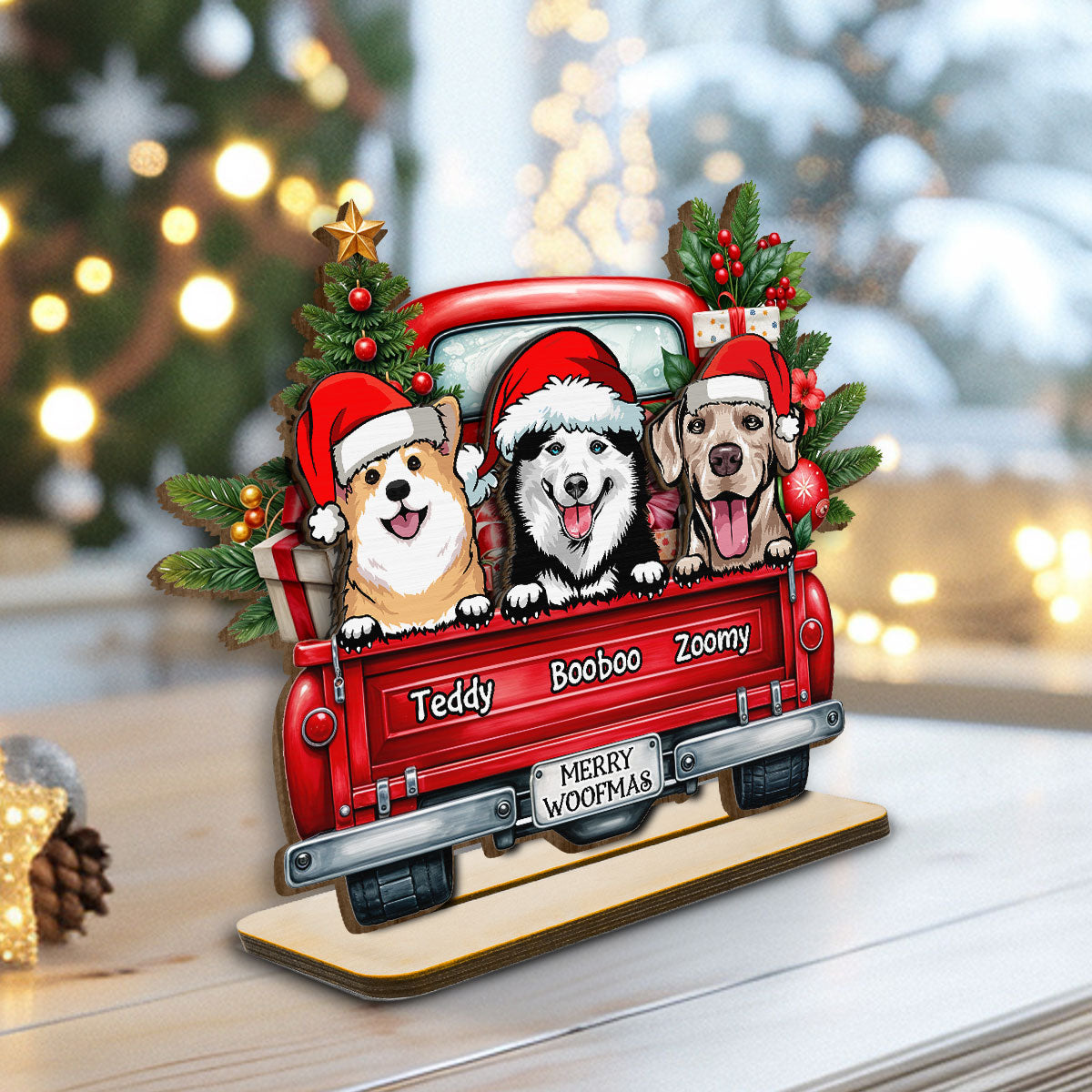 Merry Woofmas Dogs On Truck Personalized Standing Wooden Plaque, Christmas Gift For Dog Mom Dog Dad