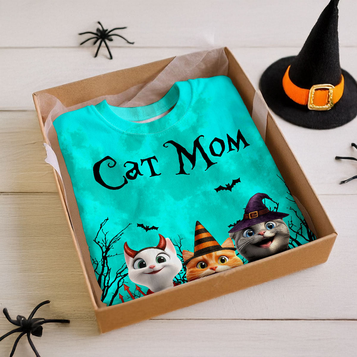 Cat Mom Halloween Moon Light Bat Tree Cartoon Cat Personalized Shirt, Purrfect Costume for Cat Lover