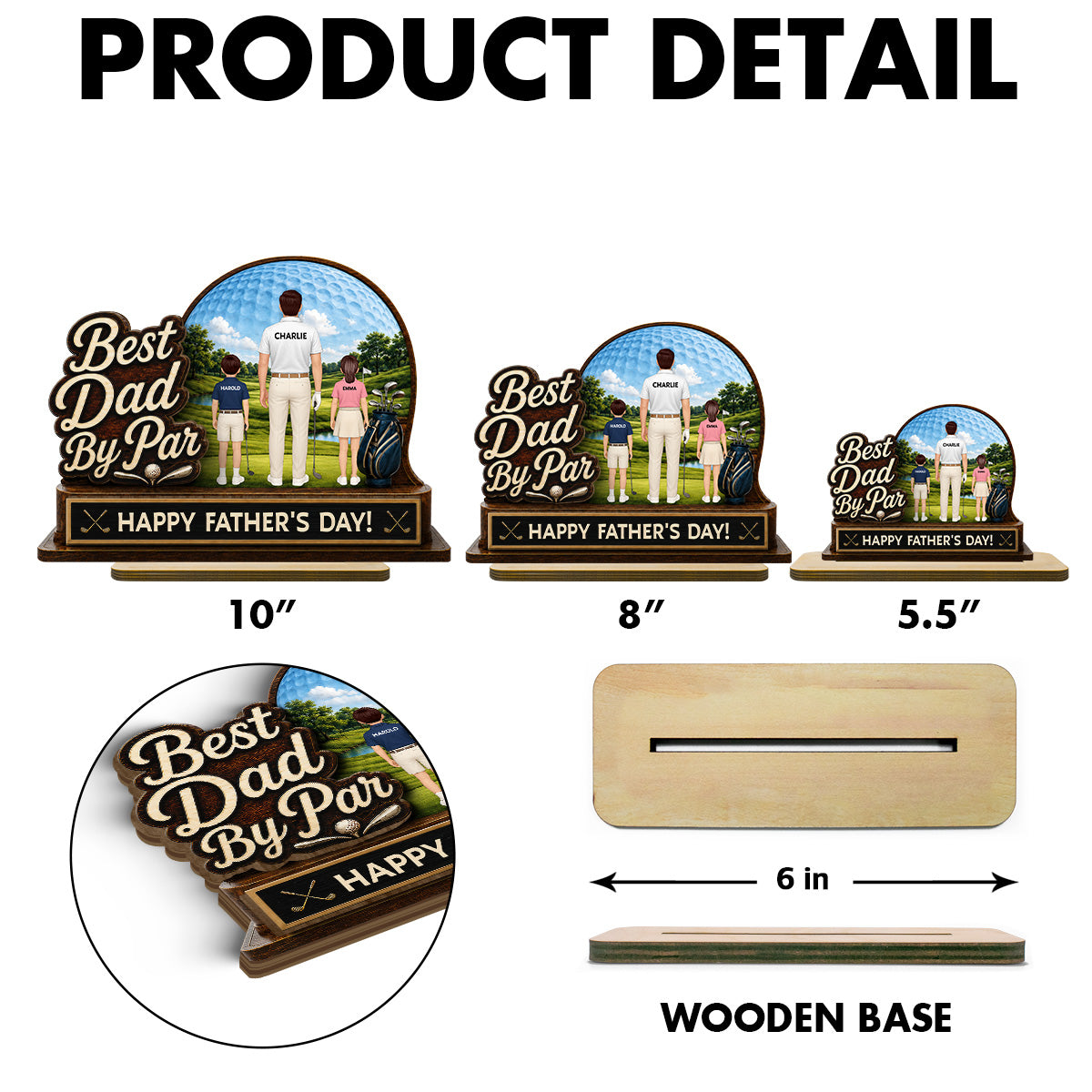 Best Dad By Par Custom Man & Kids Back View - Personalized 2-Layered Wooden Plaque - Father's Day Gift For Golf Dad