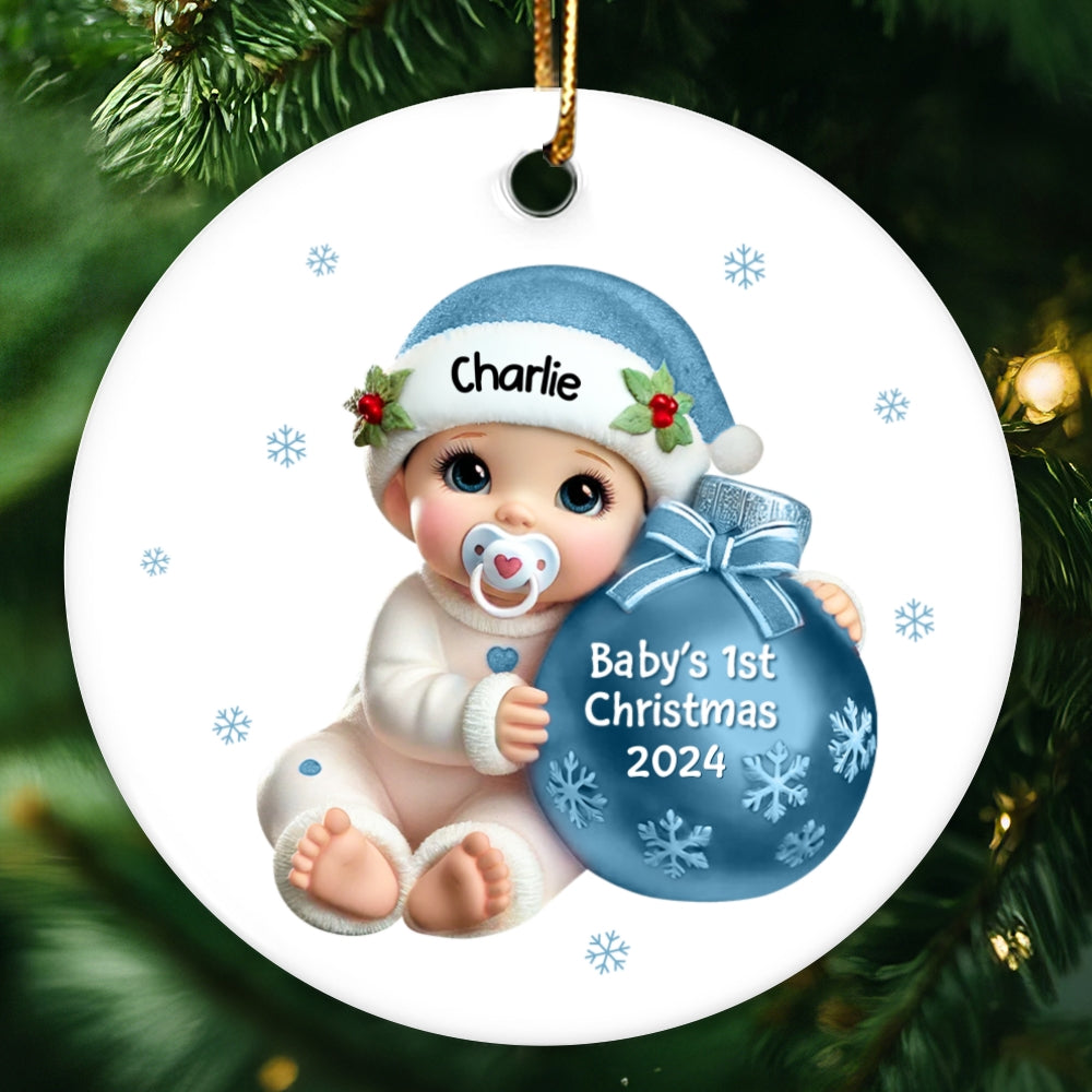 Baby Beside Christmas Bauble Baby's First Christmas Personalized Flat Ceramic Ornament