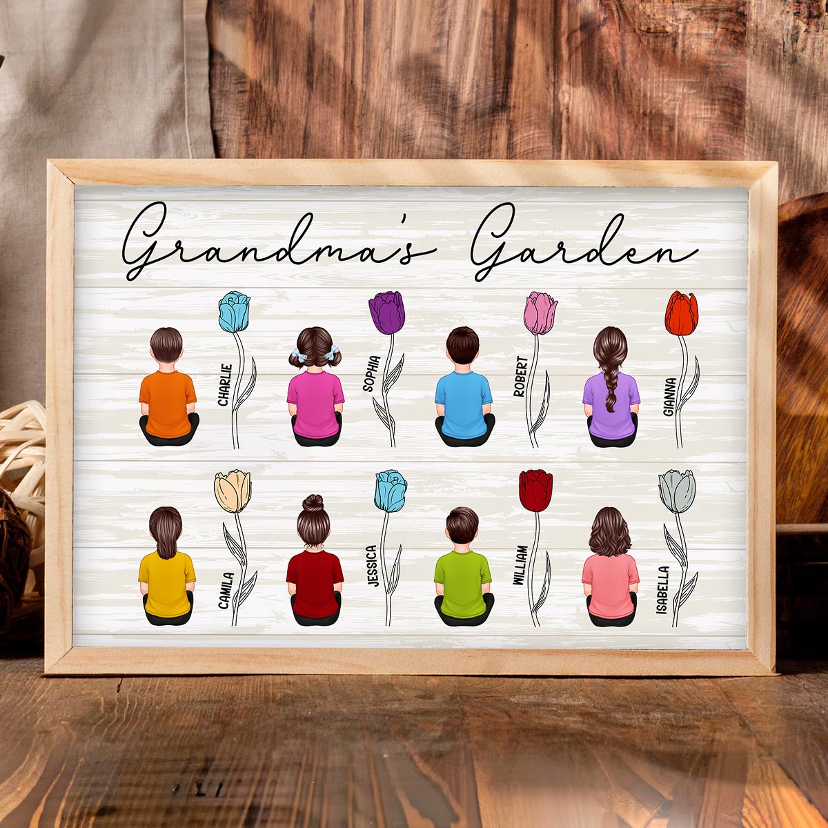 Grandkids Sitting Grandma Garden Tulip Flowers Personalized Horizontal Poster