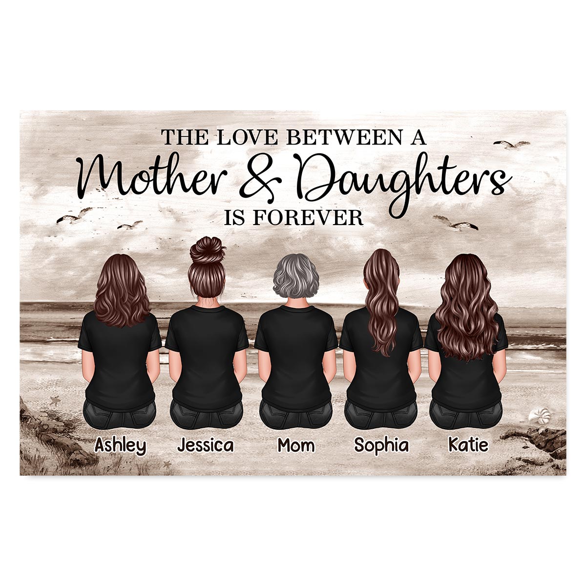 Mom And Sons Daughters Retro Vintage Beach Landscape Personalized Poster, Gift For Mom