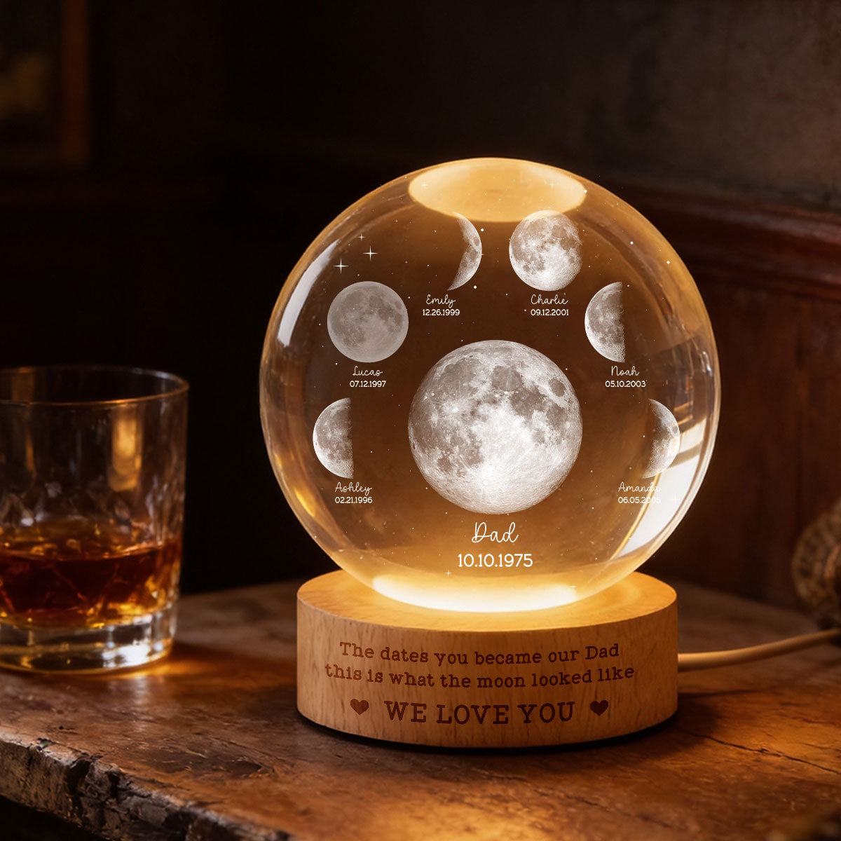 The Date You Became Our Dad - Personalized Crystal Ball LED Night Light - Custom Moon Phase by Date, Father's Day Gift for Dad, Husband