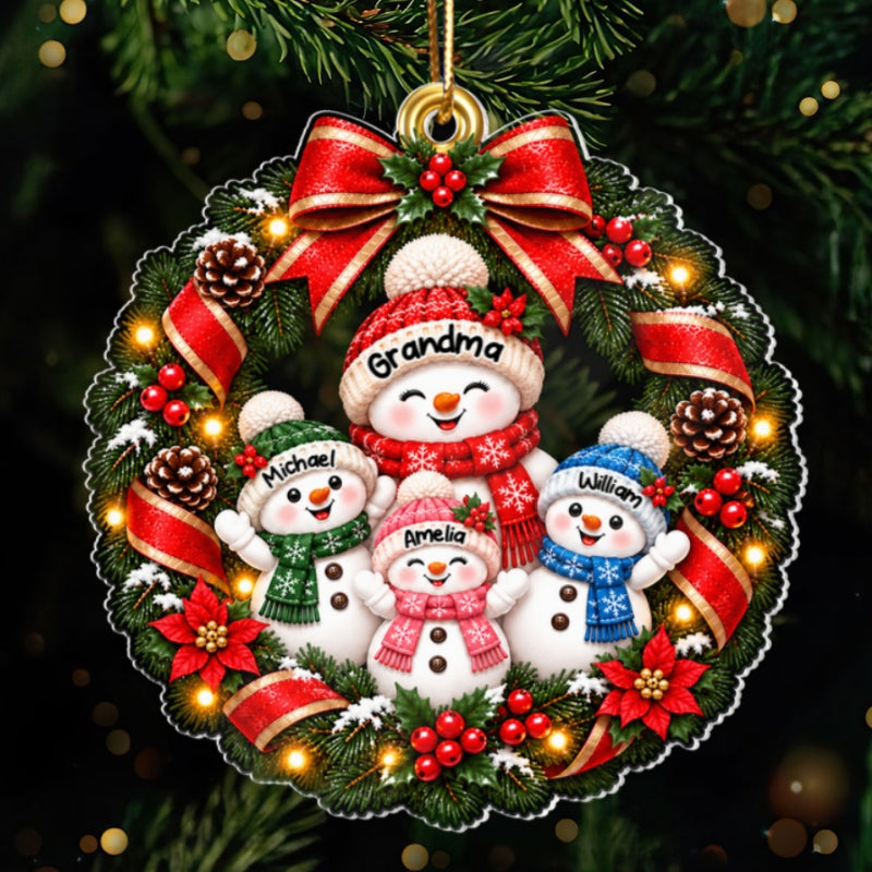 Festive Grandma & Grandkids Snowman Wreath 2D Flat – Personalized Acrylic Ornament - Christmas Gift For Grandma, Grandparents & Family
