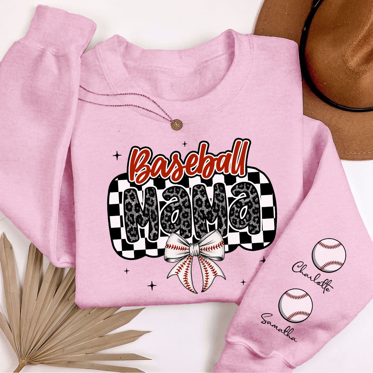 Retro Baseball Mom Coquette Bow Personalized Sleeve Printed Sweatshirt, Proud Baseball Mom Game Day Shirt, Gift For Baseball Mom