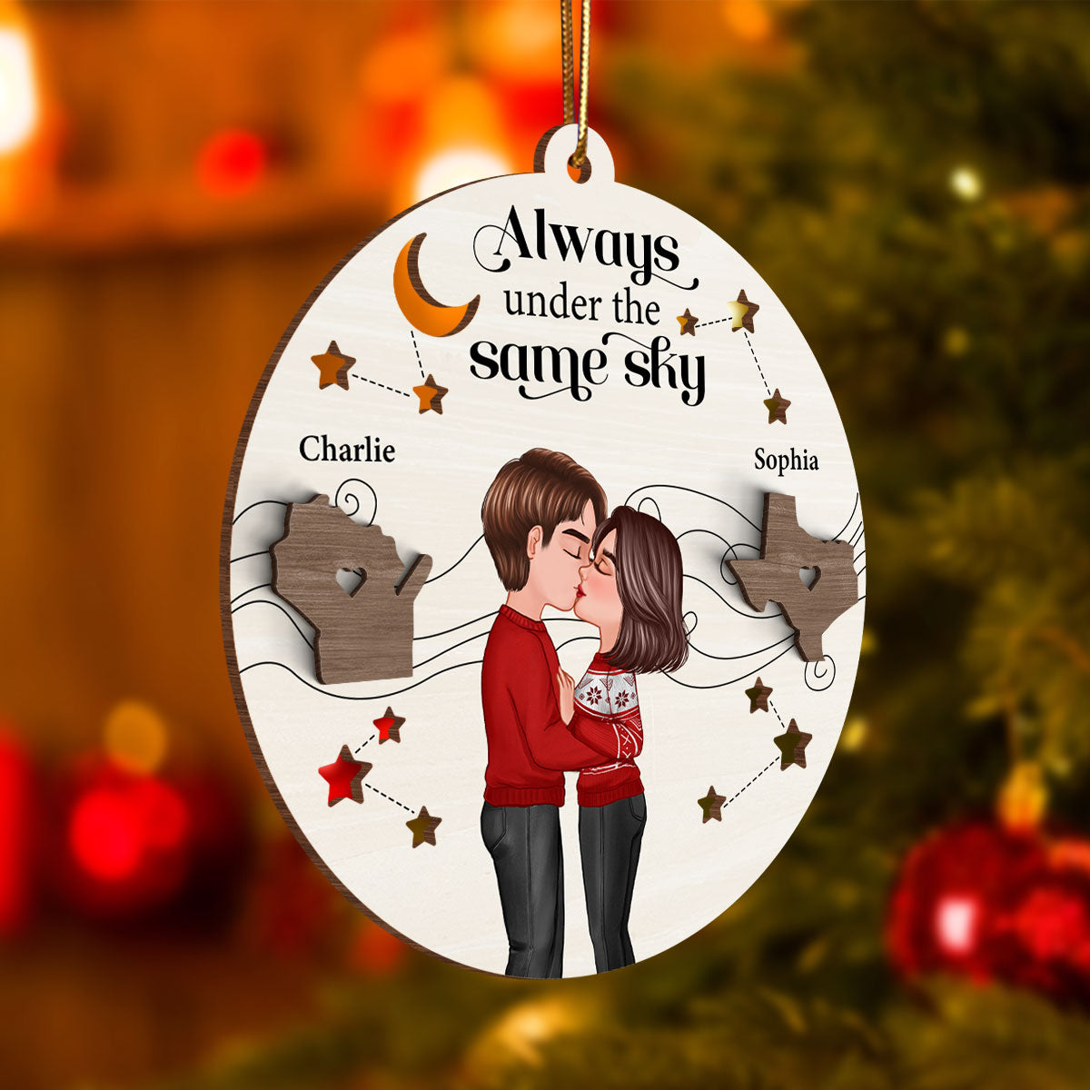 Always Under The Same Sky Personalized 2-Layer Wooden Ornament, Christmas Gifts for Boyfriend Long Distance Relationship Gift
