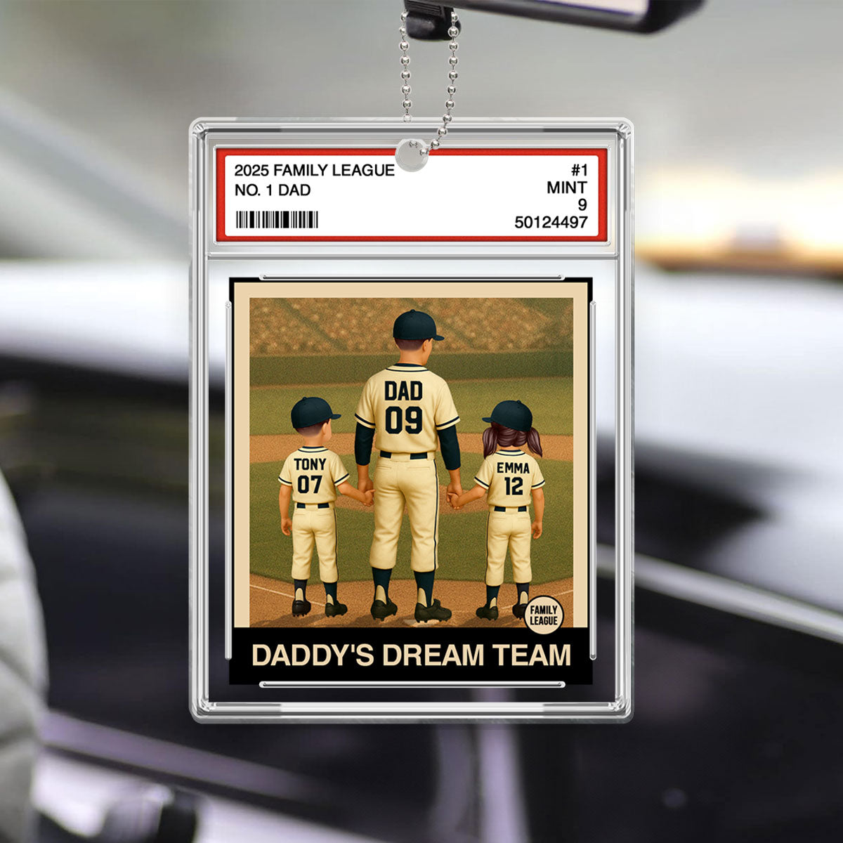 Baseball No. 1 Dad Man & Kids Trading Card Style Personalized Acrylic Car Ornament