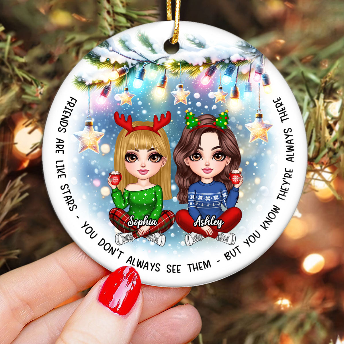 Besties Christmas Tree Light Star Personalized Circle Ceramic Ornament
