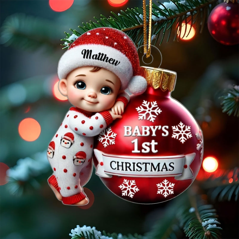 Baby Holding Bauble First Christmas Personalized 2D Flat Acrylic Ornament, Christmas Gift for New Mom, New Dad, Baby Keepsake