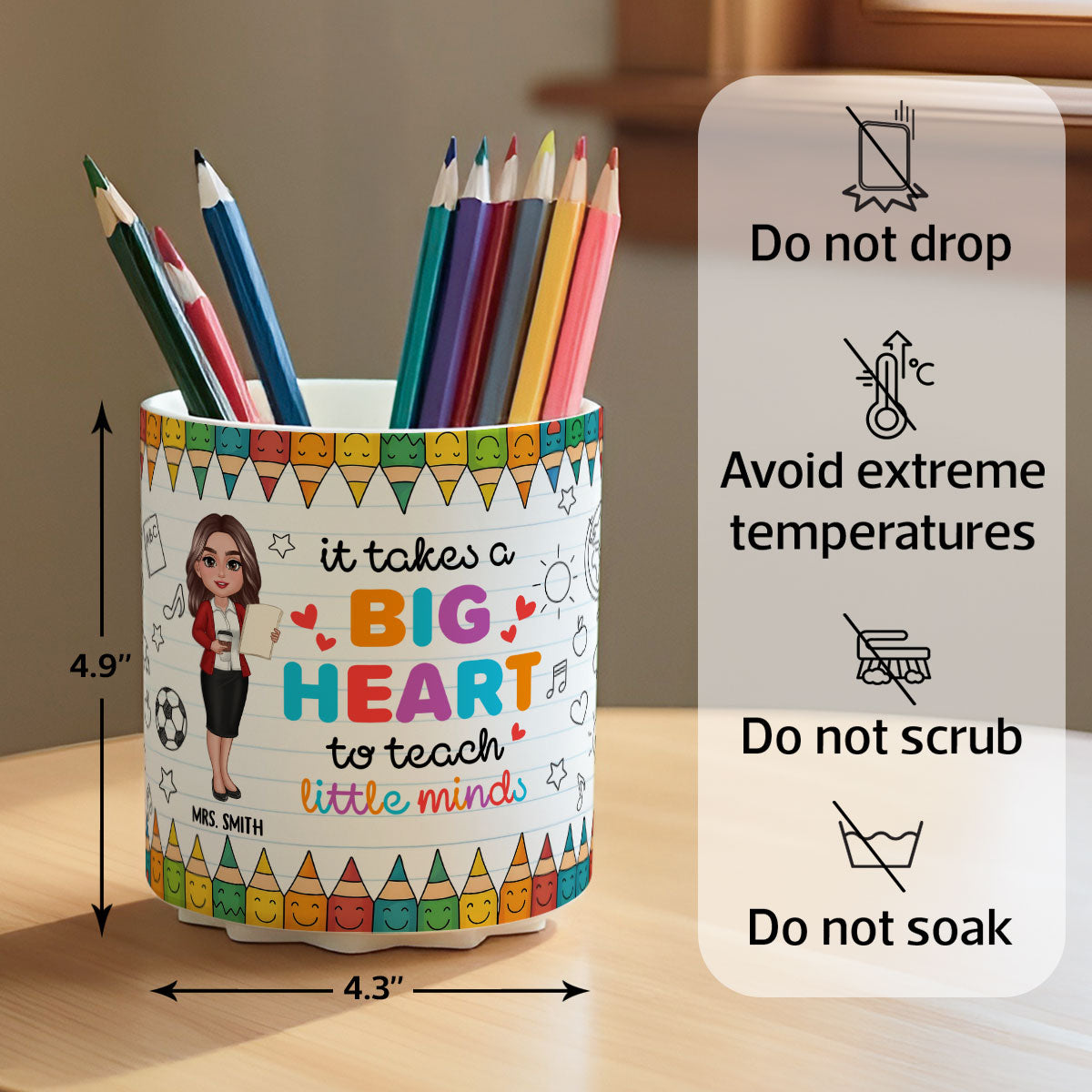 It Takes a Big Heart to Shape Little Mind Doodle Pattern Personalized Rotating Pen Holder, Teacher Appreciation Gift, Back To School Gift