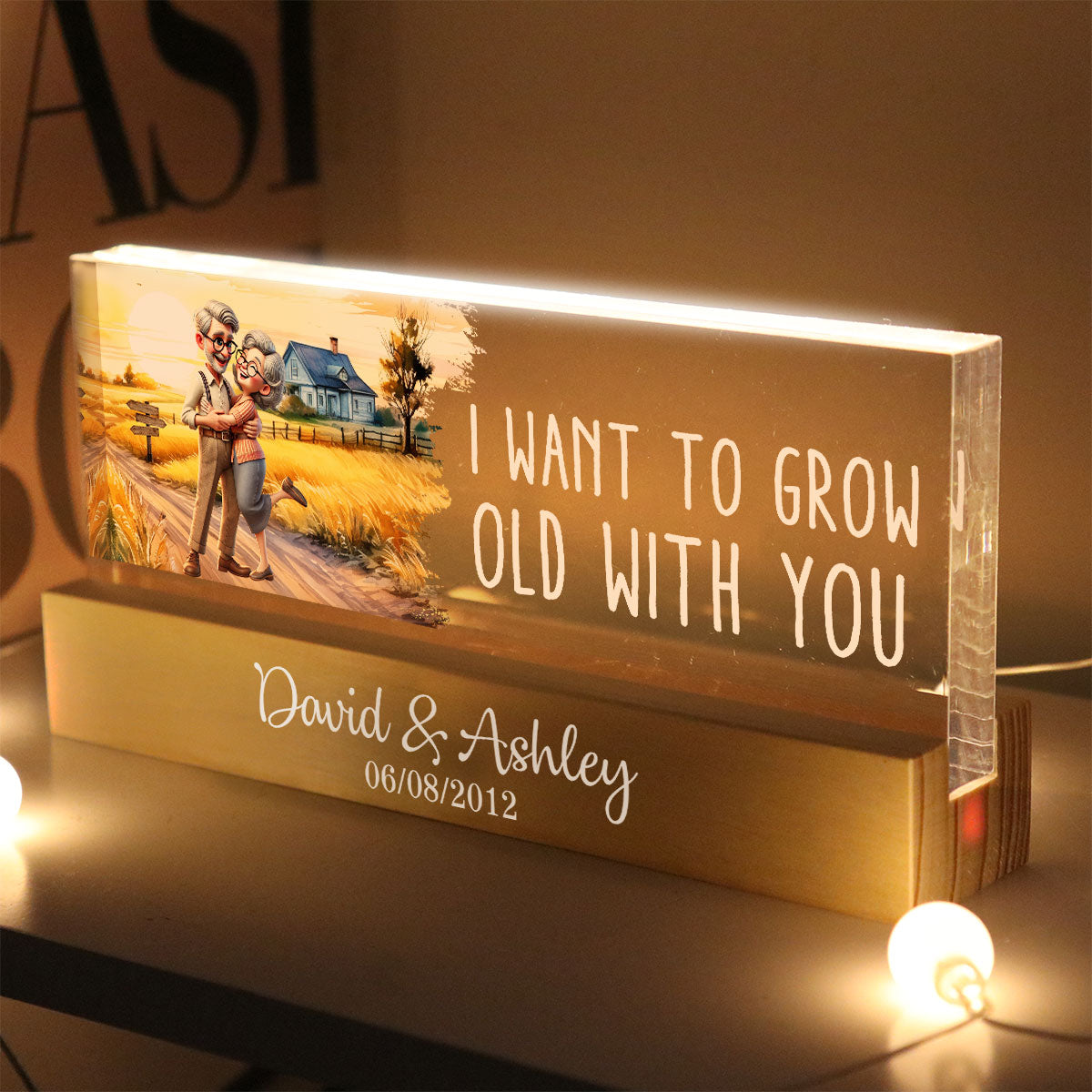 Happy Old Couple Vintage Farmhouse Personalized Acrylic Block LED Night Light, Anniversary  For Him, For Her, Husband, Wife