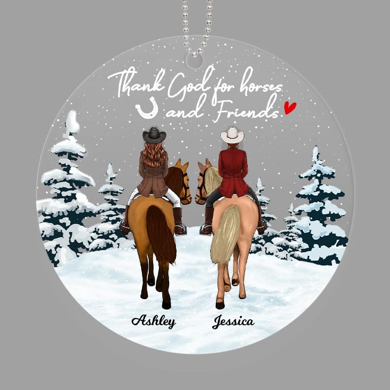 Horse Riding Friends Back View In Snow Personalized Acrylic Ornament