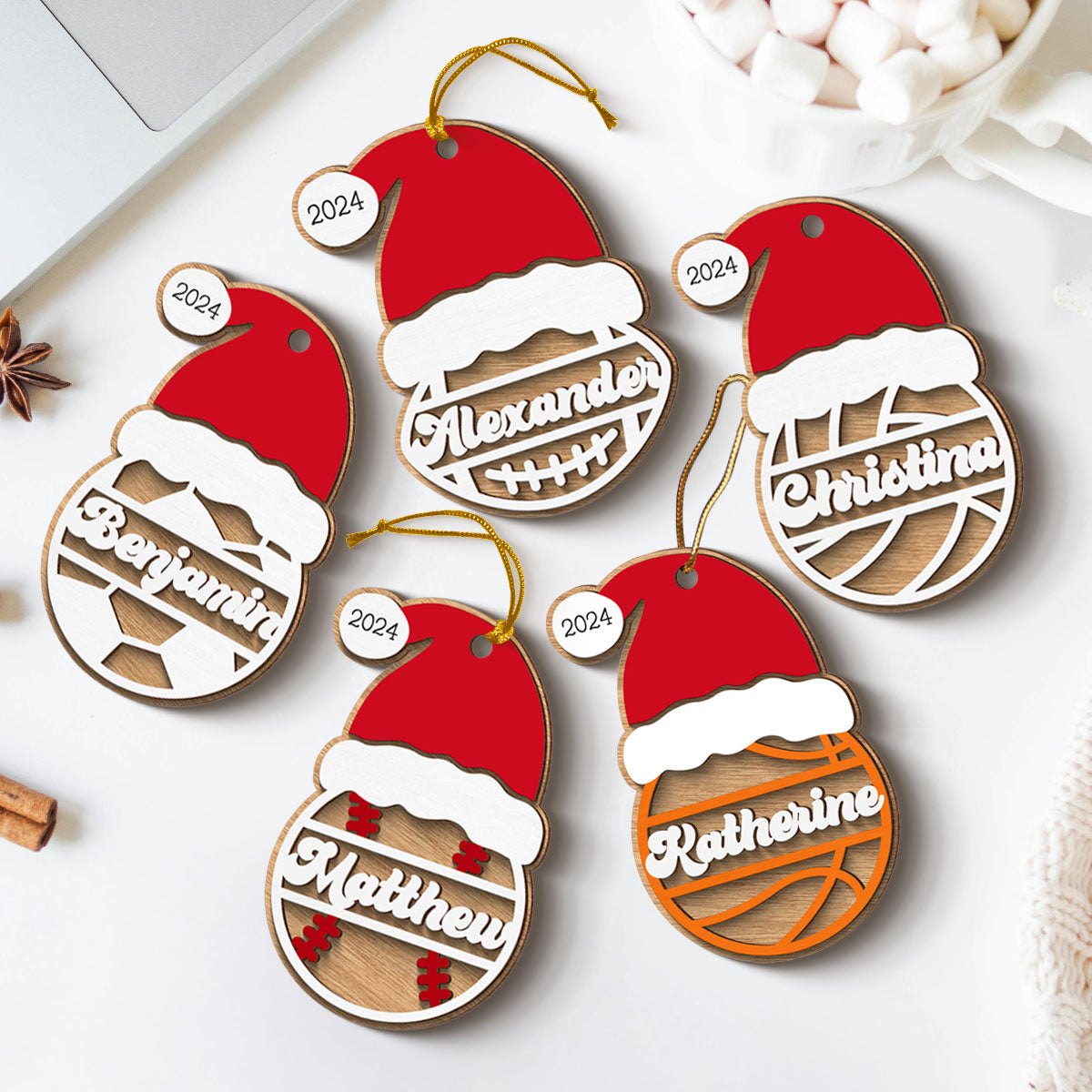 Sports Santa Hat With Name 2-Layered Wooden Ornament, Personalized Football Baseball Volleyball Basketball Soccer Ornament, Unique Christmas Gift For Kids