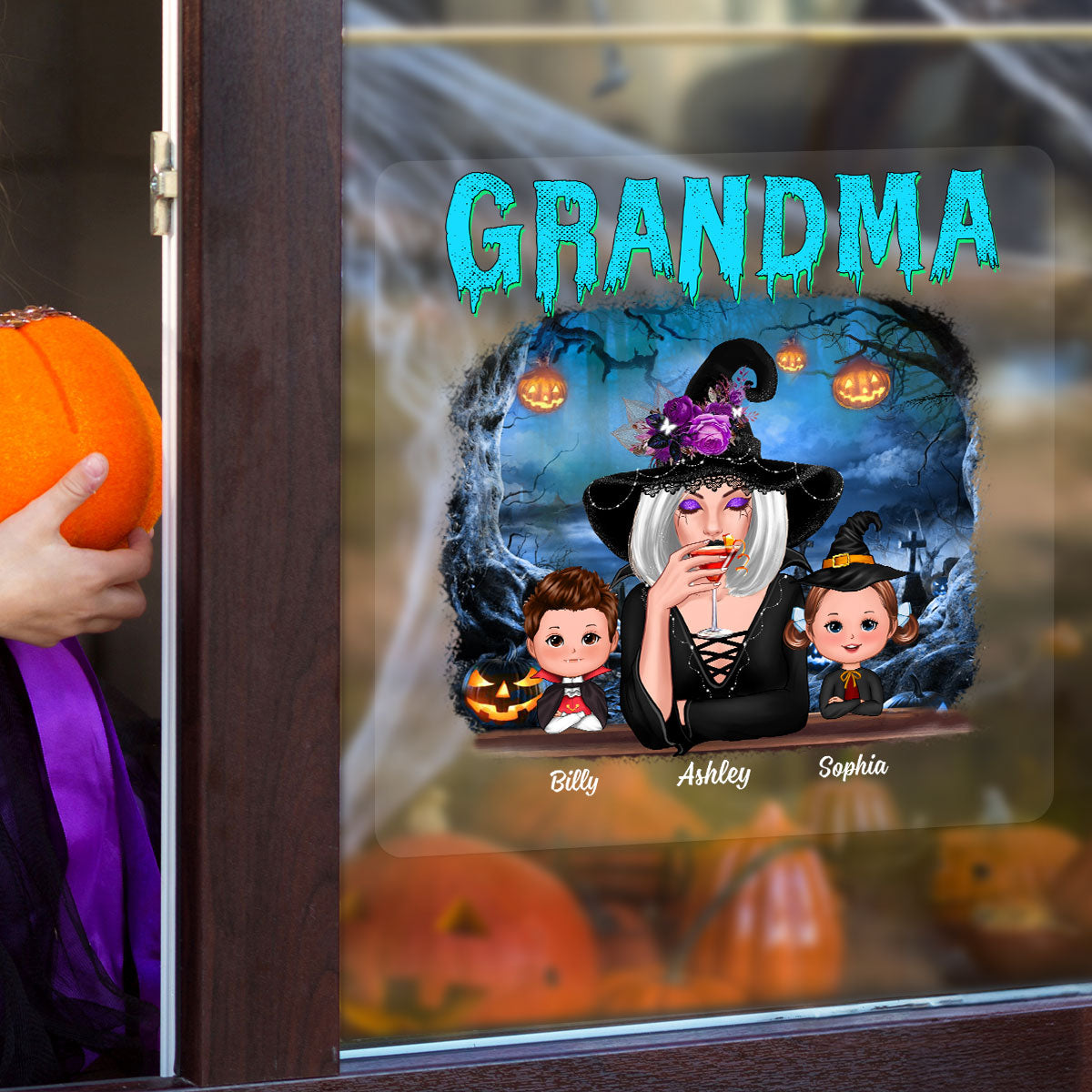Halloween Night Grandma Witch And Grandkids Personalized Decal, Halloween Decor