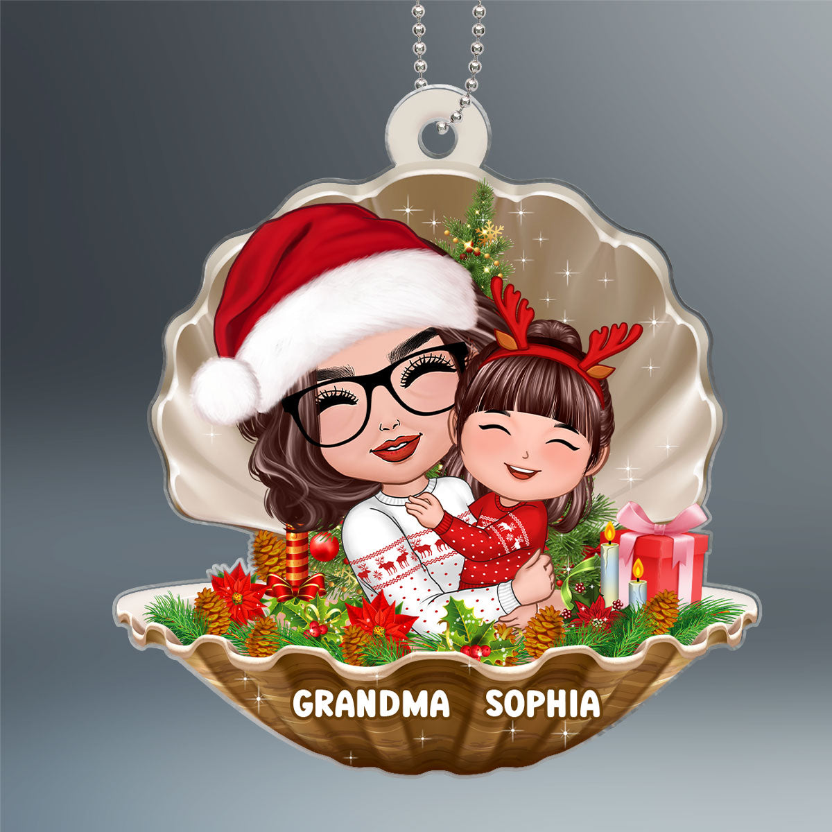 Doll Grandma Hugging Grandkid In Pearl Shell Christmas Gift For Granddaughter Grandson Personalized Acrylic Ornament