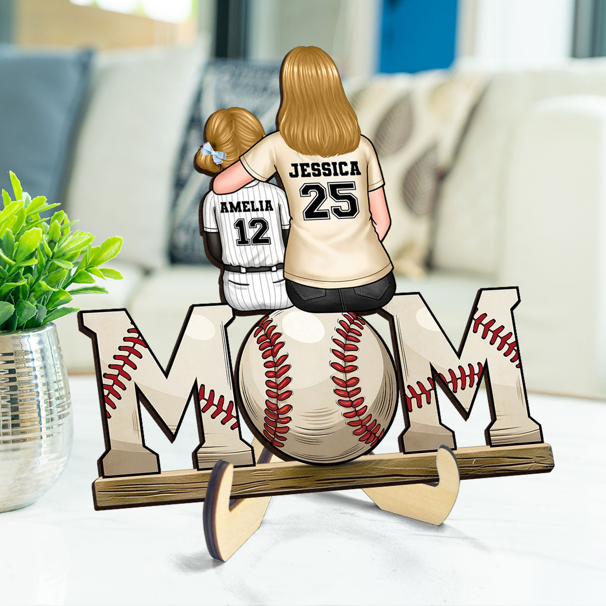 Baseball, Softball Mom And Kids Personalized 2 Layer Wooden Plaque, Gift for Mom, Gift for Wife