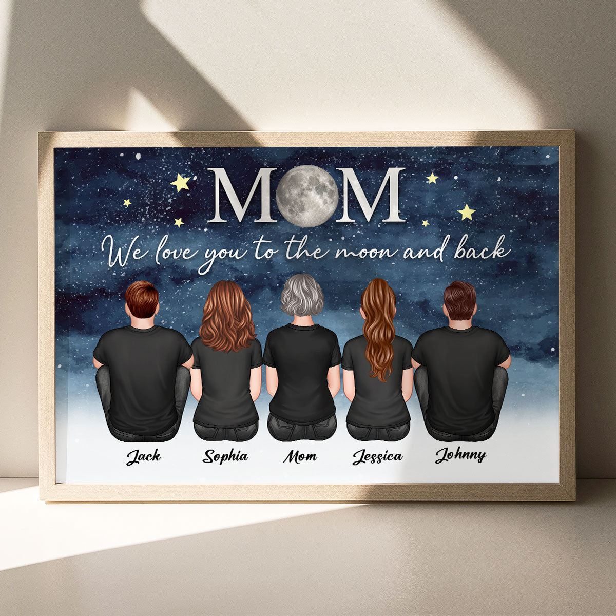 Mom And Kids Sitting Under Starry Night We Love You To The Moon And Back Personalized Poster, Gift For Mom