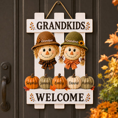 Scarecrow Grandparents Welcome Grandkids 2D Flat - Personalized Wood Sign