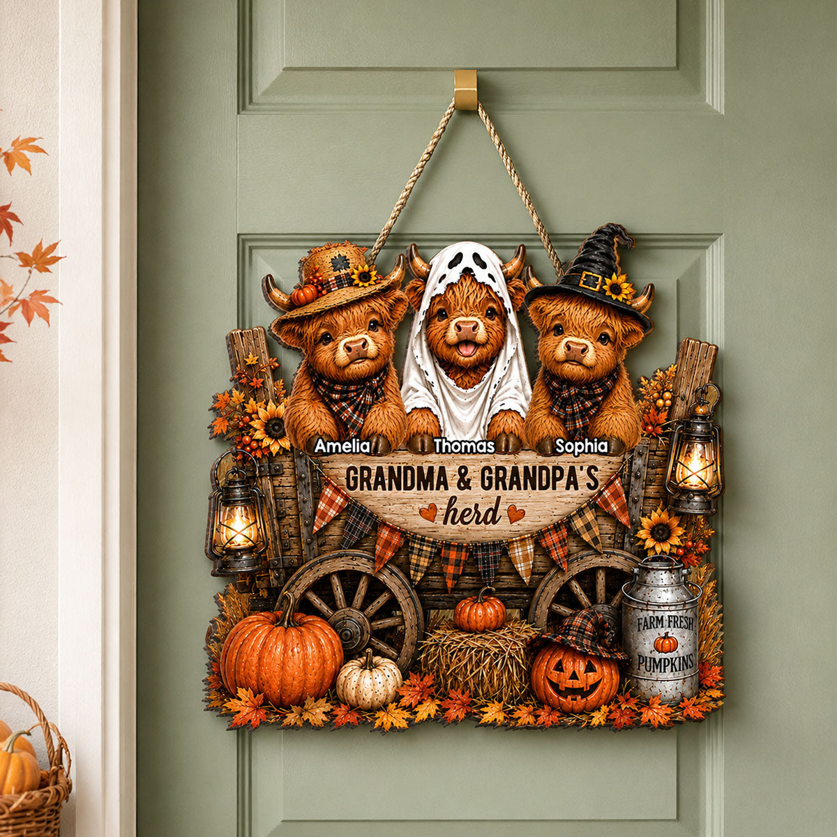 Grandma & Grandpa's Herd - Personalized Wooden Door Sign - Fall Decor for Grandparents, Grandparent's Day Gift