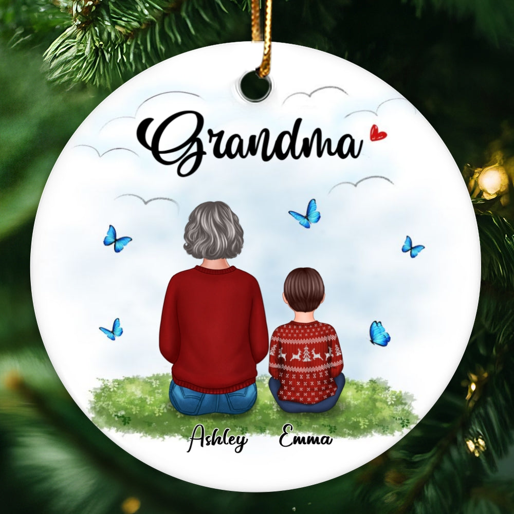 Grandma Grankids Back View On Grass Personalized Circle Ornament