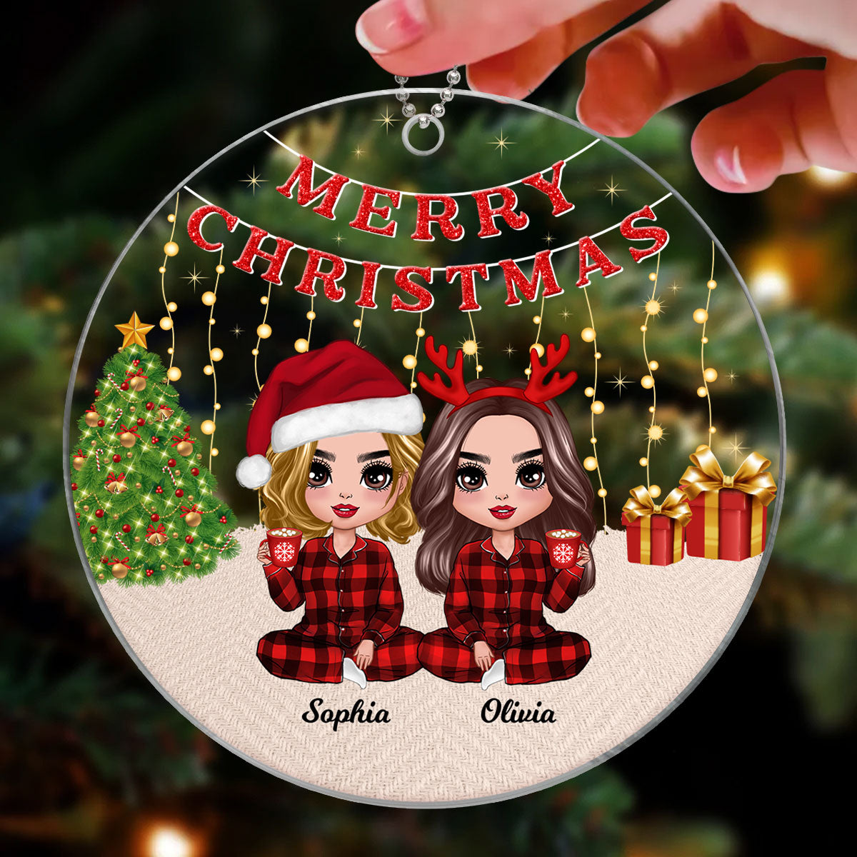 Pajamas Doll Besties Christmas Light Strings Personalized Acrylic Ornament