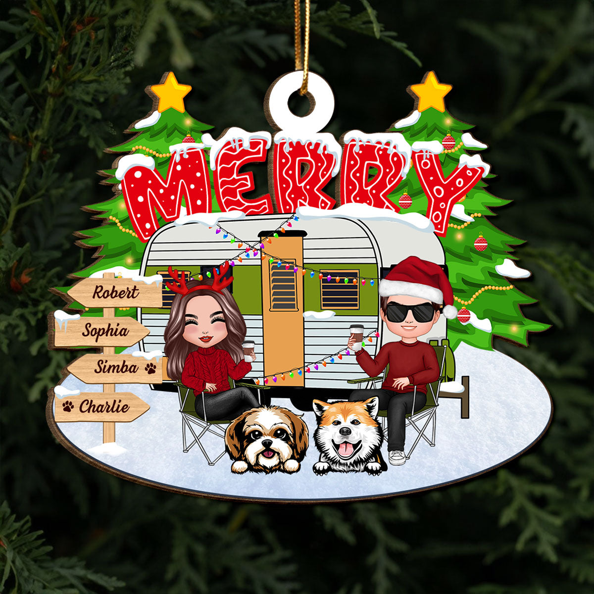 Couple And Dogs Camping Merry Christmas Personalized Wooden Ornament