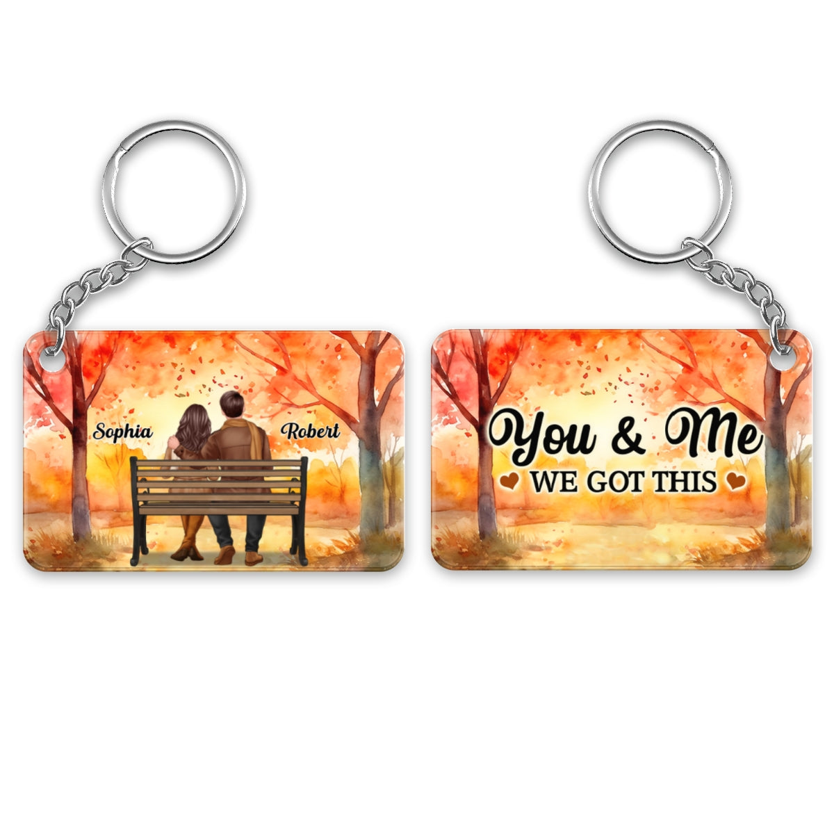 Fall Season Couple Back View Sitting On Bench Personalized Acrylic Keychain