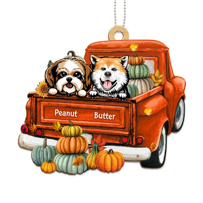 Fall Season Dogs Truck Pumpkin Personalized Wooden Ornament