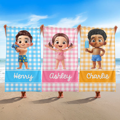 Cartoon Cute Kid Personalized Beach Towel, Pool Party Towel, Summer Camp Towel for Kids