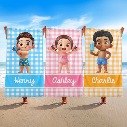 Cartoon Cute Kid Personalized Beach Towel, Pool Party Towel, Summer Camp Towel for Kids