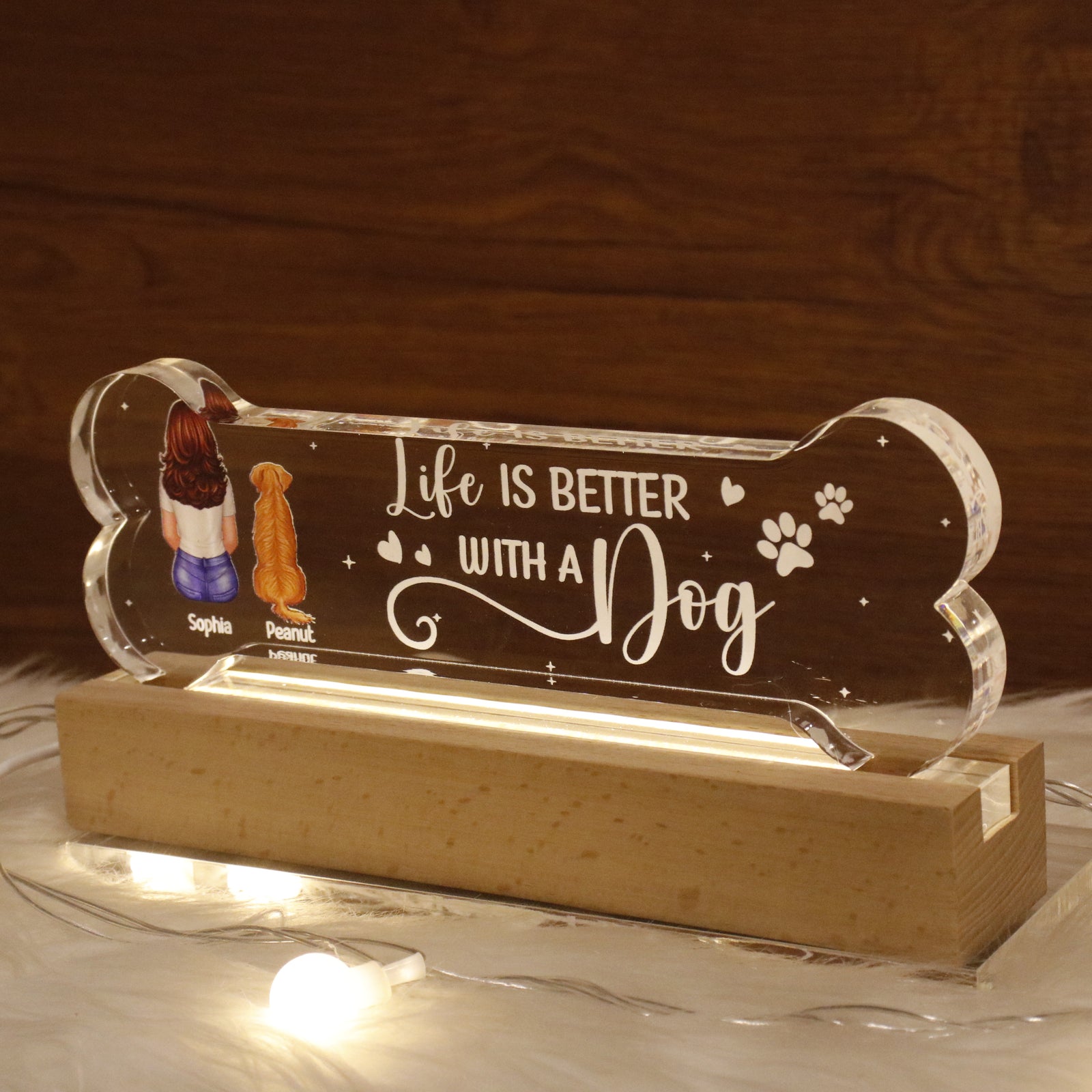 Pawfect Gift For Dog Lover Bond Can‘t Be Broken Personalized Bone Shaped Acrylic Block LED Night Light