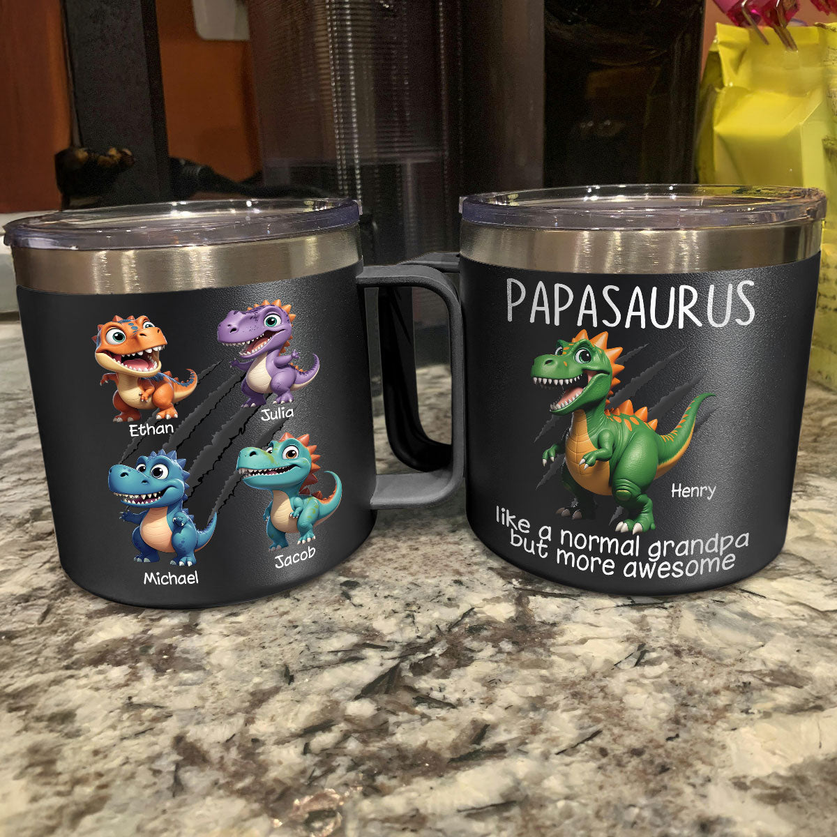 Grandpasaurus And Kids 3D Effect Dinosaurs Personalized Stainless Steel Tumbler With Handle, Father's Day Gift For Grandpa