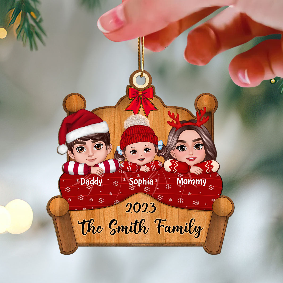 Christmas Family Laying On Bed Christmas Gift Personalized Wooden Ornament