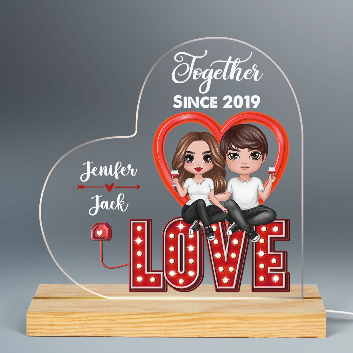 Doll Couple Sitting On LOVE Personalized Custom Shape LED - Gift For Him Gift For Her