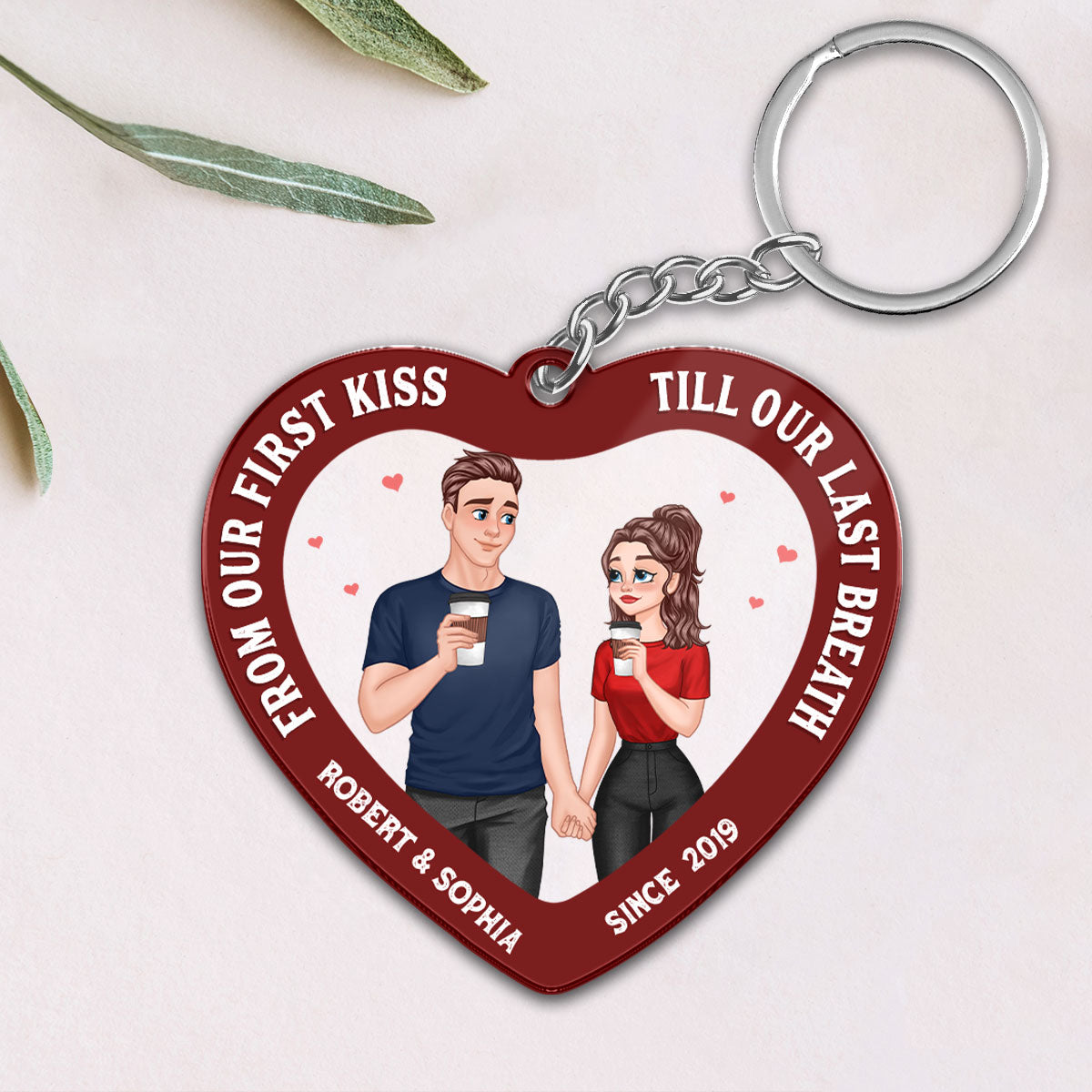 Cartoon Couple Hand In Hand Inside Heart Personalized Acrylic Keychain