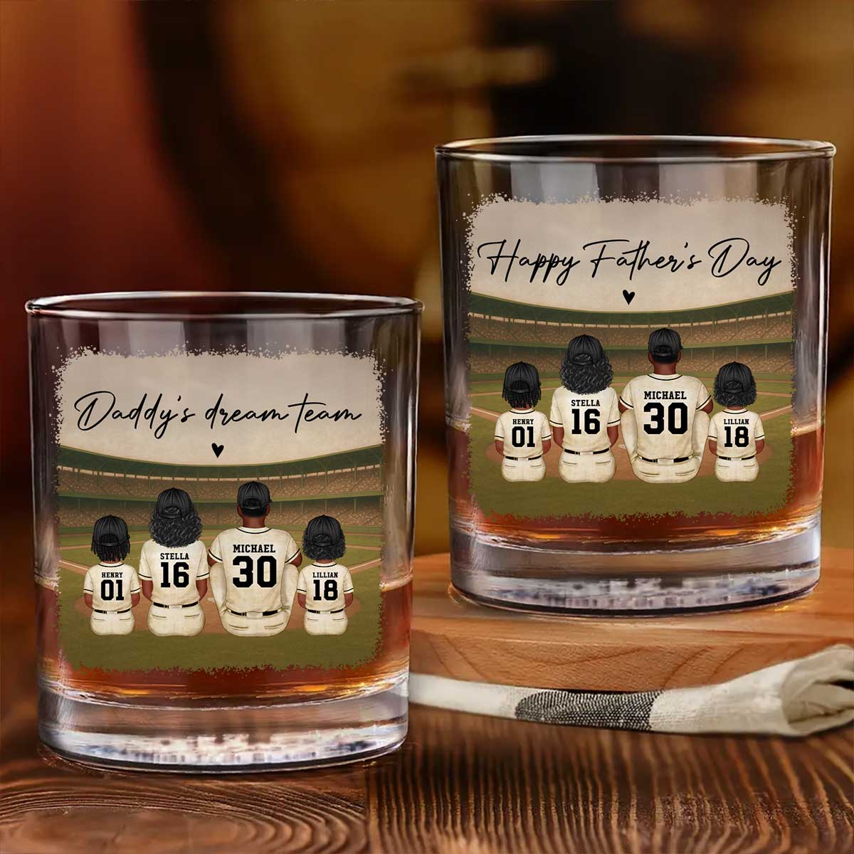 Retro Vintage Baseball Daddy's Dream Team Personalized Wine Glass, Whiskey Glass, Gift For Dad