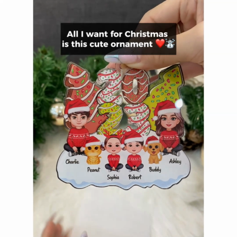 Family Dad Mom Kids Dogs Cats Sitting By 2024 Christmas Tree Cake Patterned Personalized Acrylic Ornament
