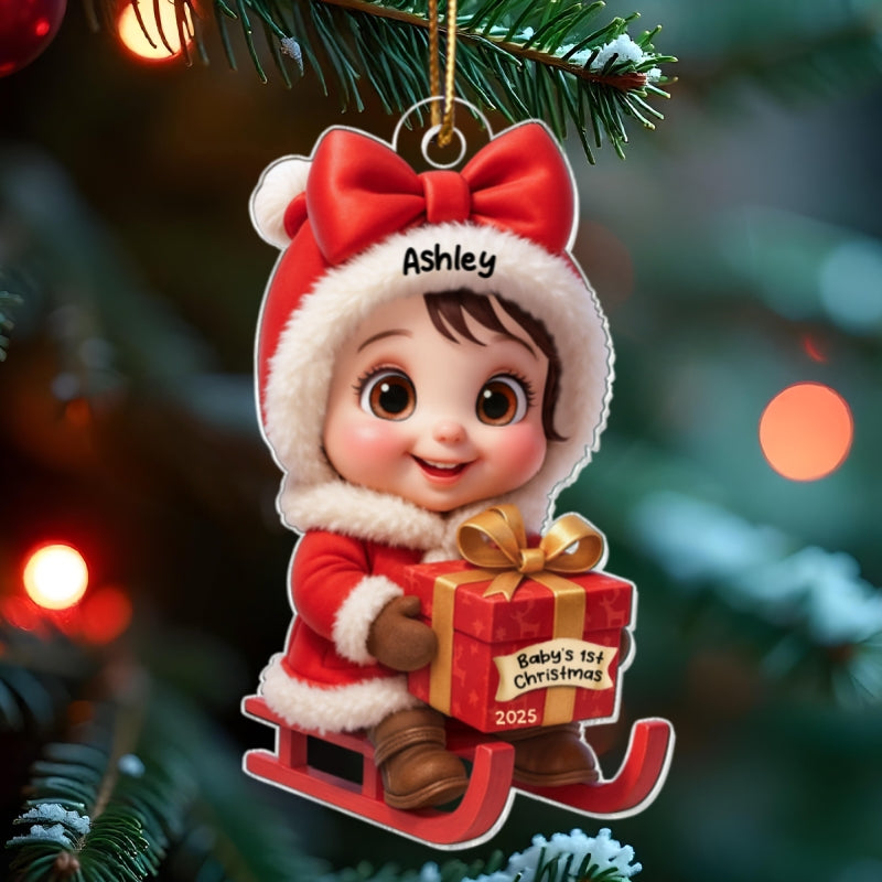 Baby Festive Cheer on a Sled Personalized Acrylic Christmas Ornament, 2025 Keepsake for Newborn