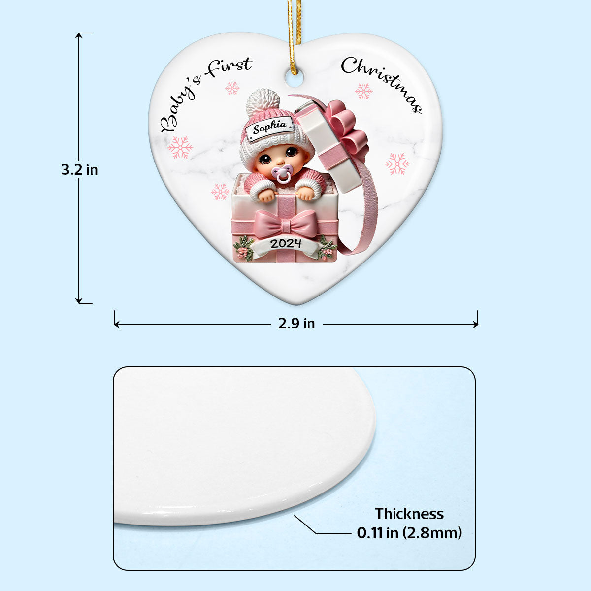 Baby Inside Gift Box Personalized Heart Ornament, Baby First Christmas Keepsake