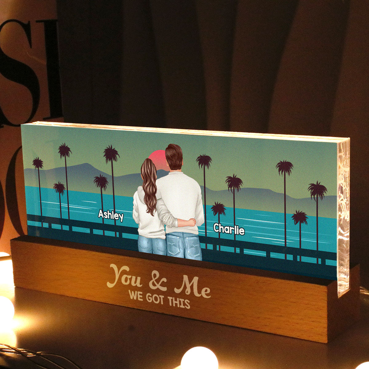 Retro Back View Couple Standing Hugging Personalized Acrylic Block LED Night Light