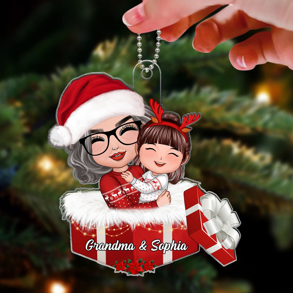 Doll Grandma Hugging Grandkid In Gift Box Christmas Gift For Granddaughter Grandson Personalized Acrylic Ornament