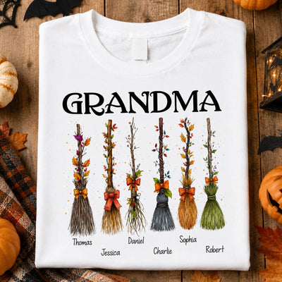 Grandma Witch Beautiful Broomsticks Custom Grandkids Names - Personalized Shirt - Halloween Gift For Grandma