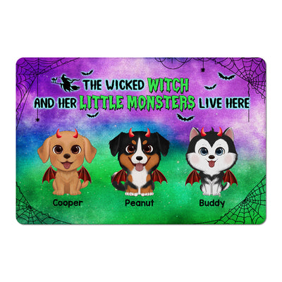 Halloween Green And Purple Wicked Witch & Little Monster Watercolor Cute Dogs Personalized Doormat